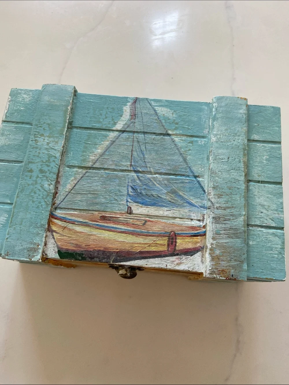 Coastal Wooden Trinket Box in Light Aqua - Nautical Accent